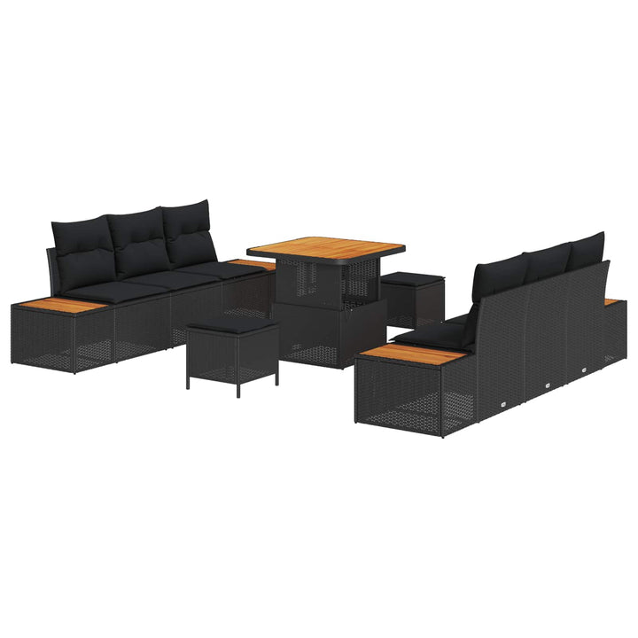 Havesofa Sæt 9 pcs Sort Poly Rattan og Pulverlakeret Stål