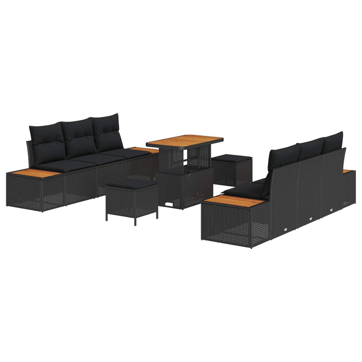 Havesofa Sæt 9 pcs Sort Poly Rattan og Pulverlakeret Stål