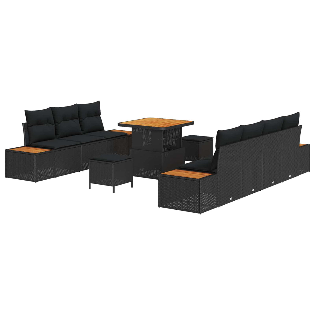 Havesofa Sæt 10 pcs Sort Poly Rattan og Pulverlakeret Stål