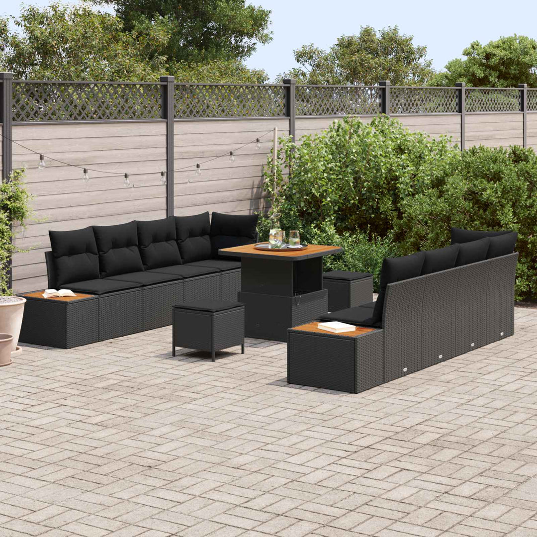 Havesofa Sæt 11 pcs Sort Poly Rattan og Pulverlakeret Stål