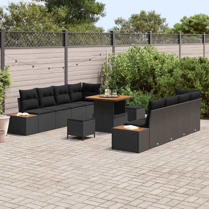 Havesofa Sæt 11 pcs Sort Poly Rattan og Pulverlakeret Stål