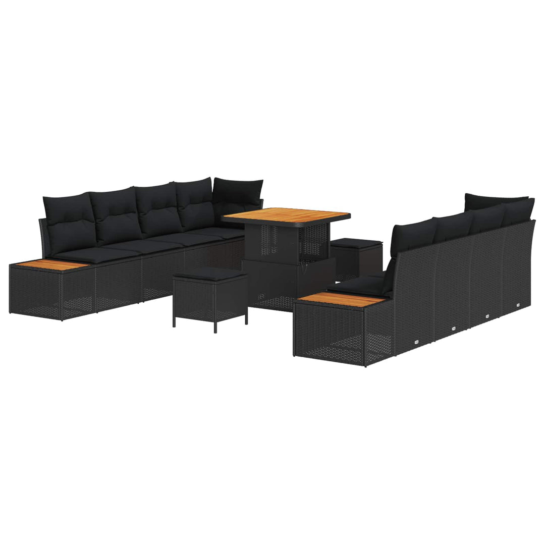 Havesofa Sæt 11 pcs Sort Poly Rattan og Pulverlakeret Stål