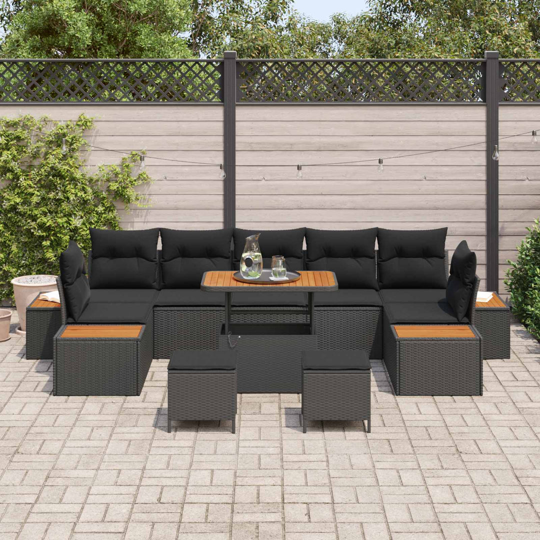 Havesofa Sæt 10 pcs Sort Poly Rattan og Pulverlakeret Stål