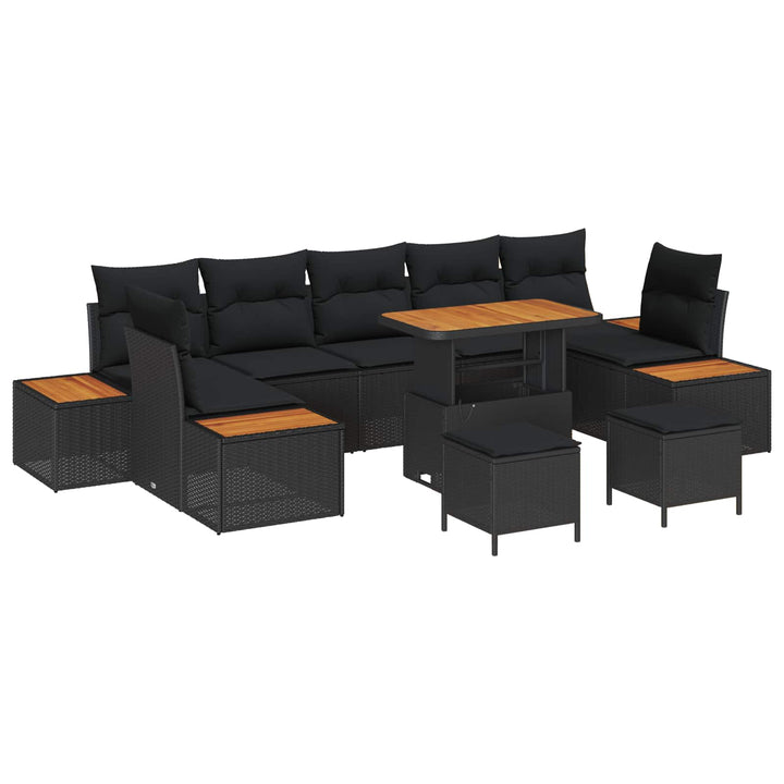 Havesofa Sæt 10 pcs Sort Poly Rattan og Pulverlakeret Stål