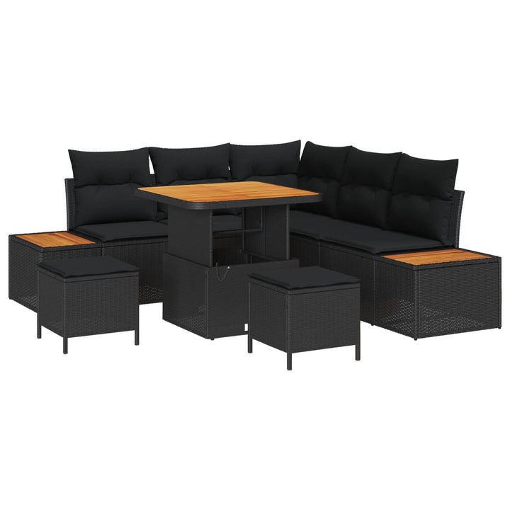 Havesofa Sæt 8 pcs Sort Poly Rattan og Pulverlakeret Stål