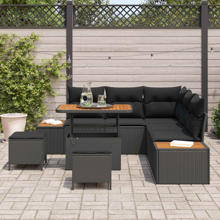 Havesofa Sæt 8 pcs Sort Poly Rattan og Pulverlakeret Stål