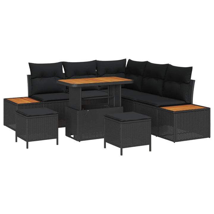 Havesofa Sæt 8 pcs Sort Poly Rattan og Pulverlakeret Stål