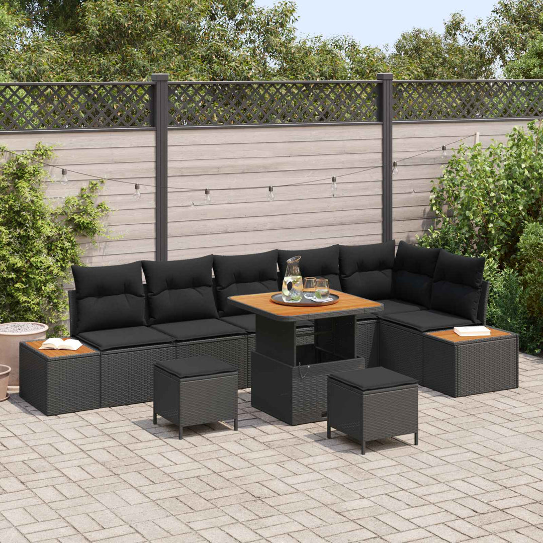 Havesofa Sæt 9 pcs Sort Poly Rattan og Pulverlakeret Stål