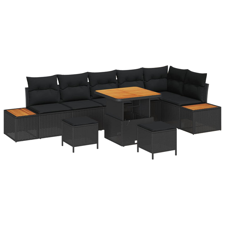 Havesofa Sæt 9 pcs Sort Poly Rattan og Pulverlakeret Stål