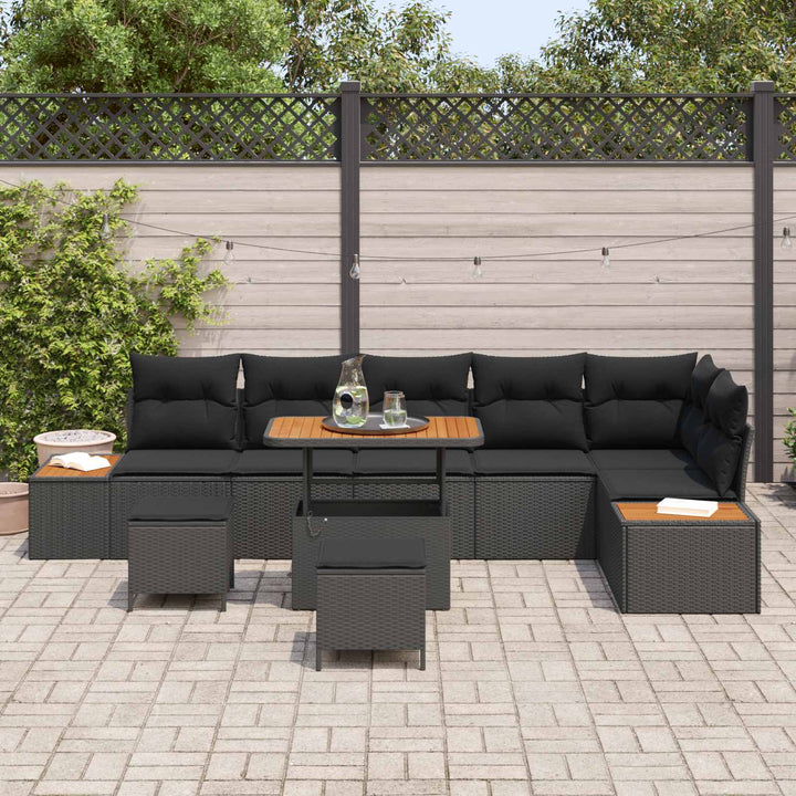 Havesofa Sæt 9 pcs Sort Poly Rattan og Pulverlakeret Stål