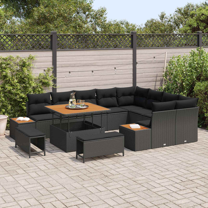 Havesofa Sæt 12 pcs Sort Poly Rattan og Pulverlakeret Stål
