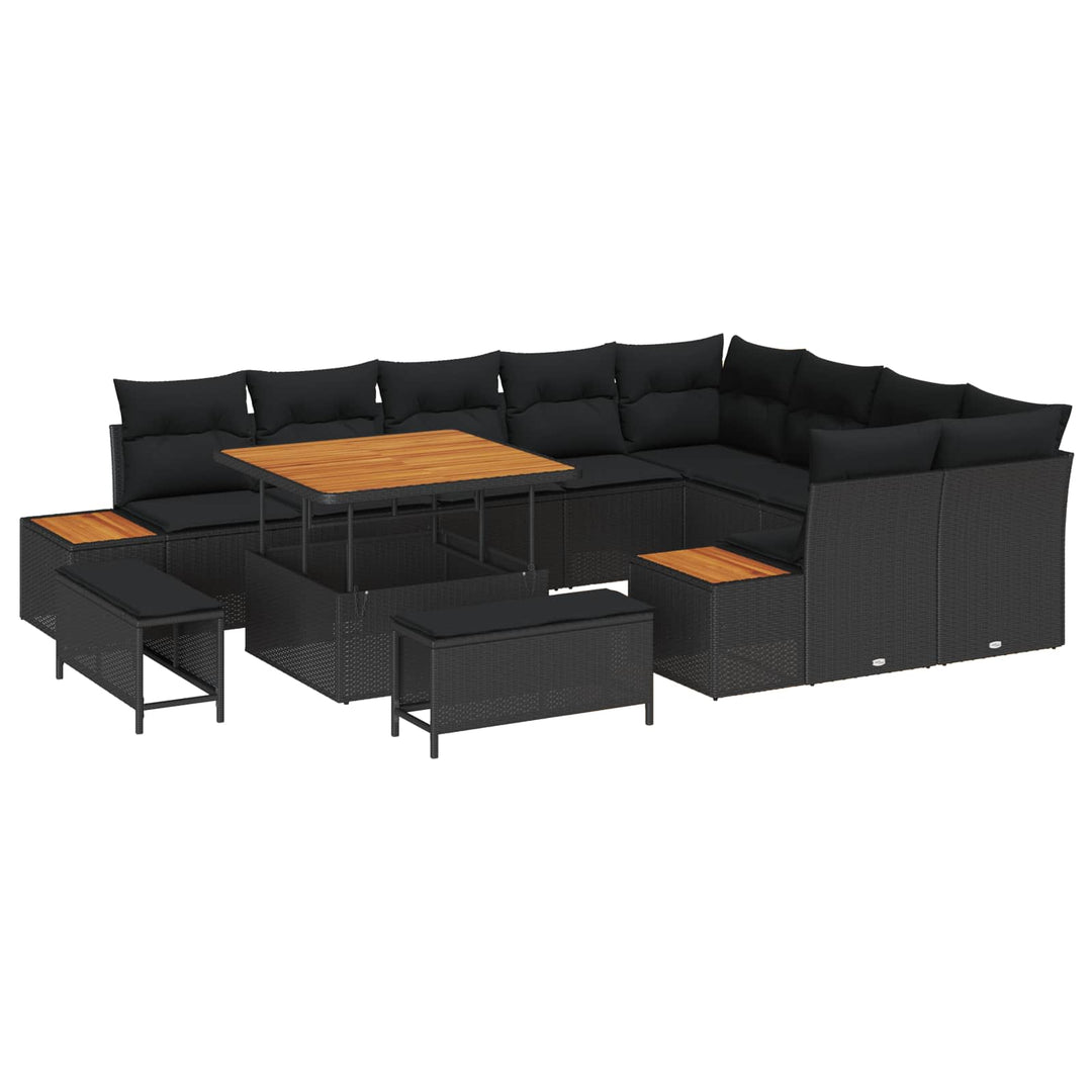 Havesofa Sæt 12 pcs Sort Poly Rattan og Pulverlakeret Stål
