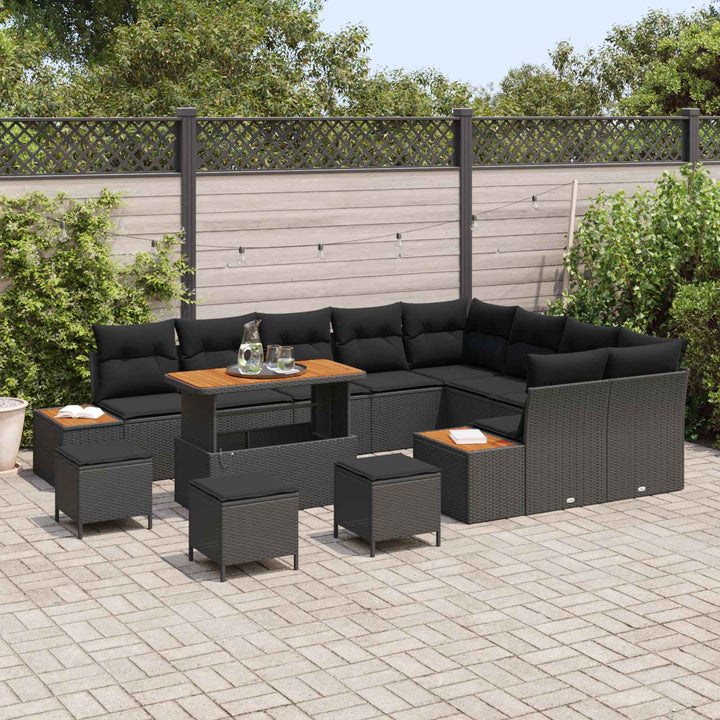 Havesofa Sæt 13 pcs Sort Poly Rattan og Pulverlakeret Stål