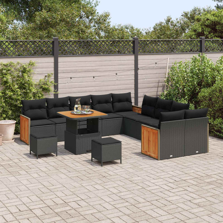 Havesofa Sæt 13 pcs Sort Poly Rattan og Pulverlakeret Stål