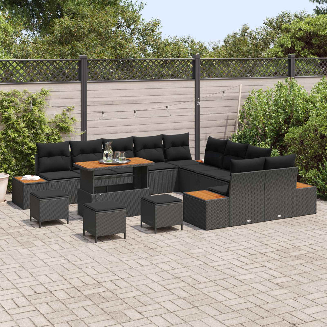 Havesofa Sæt 14 pcs Sort Poly Rattan og Pulverlakeret Stål