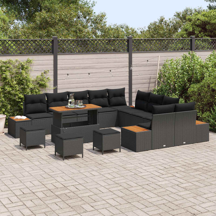 Havesofa Sæt 14 pcs Sort Poly Rattan og Pulverlakeret Stål