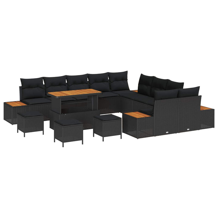 Havesofa Sæt 14 pcs Sort Poly Rattan og Pulverlakeret Stål