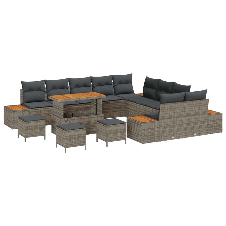Havesofa Sæt 14 pcs Grå Poly Rattan og Pulverlakeret Stål