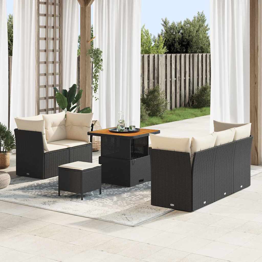 Havesofa Sæt med pude 8 pcs Sort og Cream polyrattan