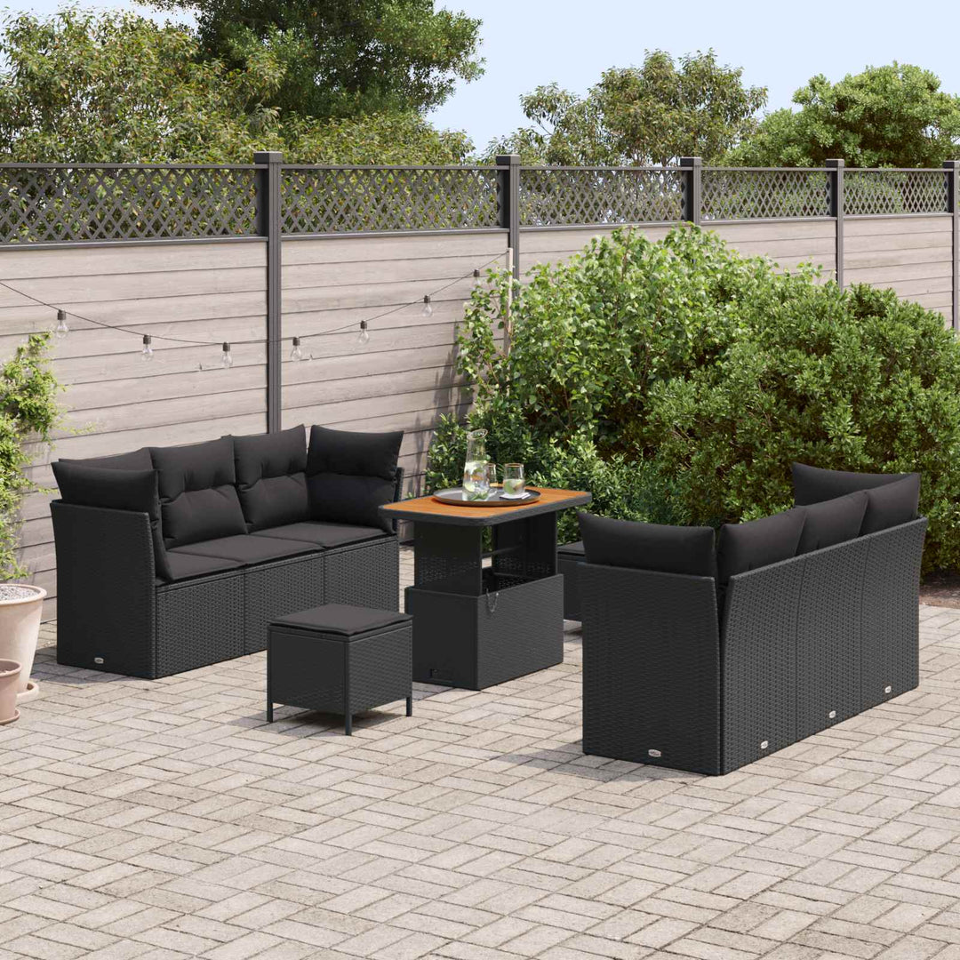 Havesofa Sæt med pude 9 pcs Sort polyrattan