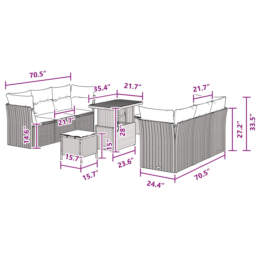 Havesofa Sæt med pude 9 pcs Sort polyrattan