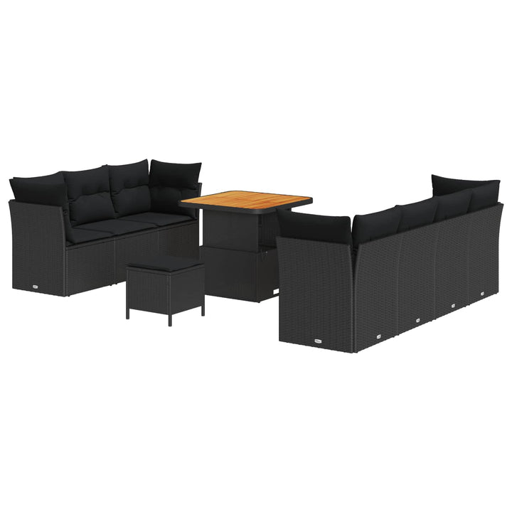 Havesofa Sæt 10 pcs Sort Polyrattan og pulverlakeret stål