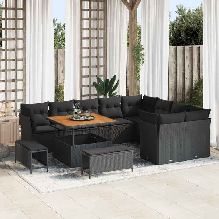 Havesofa Sæt 12 pcs Sort Polyrattan og pulverlakeret stål
