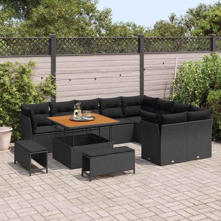 Havesofa Sæt 12 pcs Sort Polyrattan og pulverlakeret stål