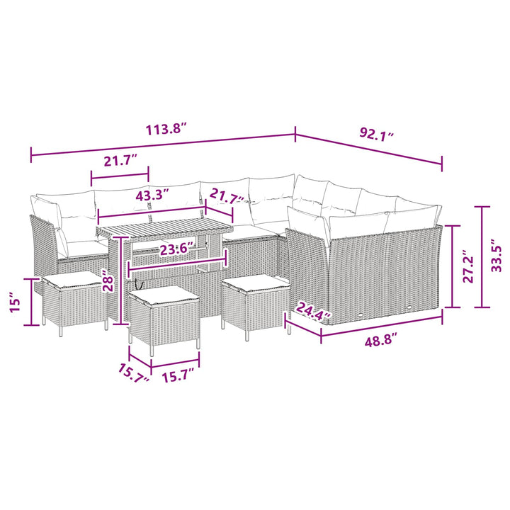 Havesofa Sæt 13 pcs Sort Polyrattan og pulverlakeret stål