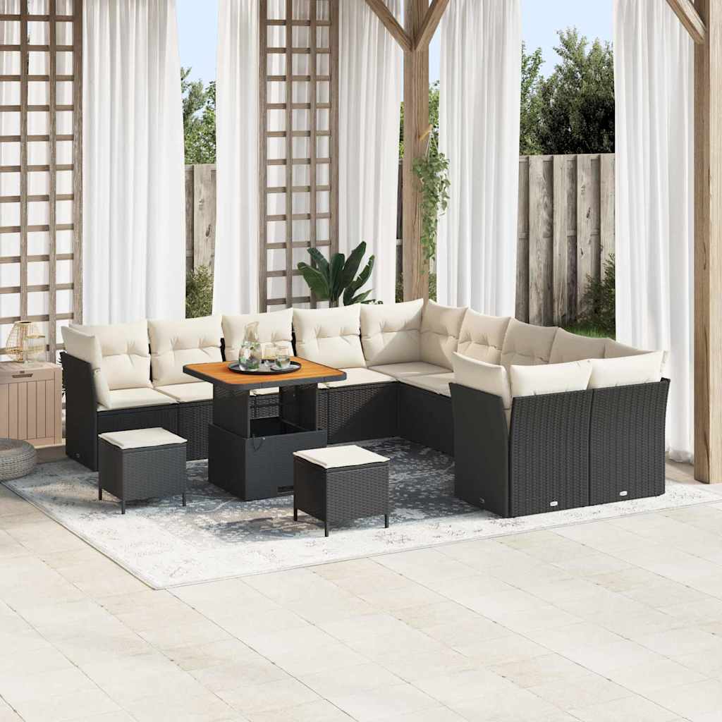 Havesofa Sæt med pude 13 pcs Sort og Cream polyrattan