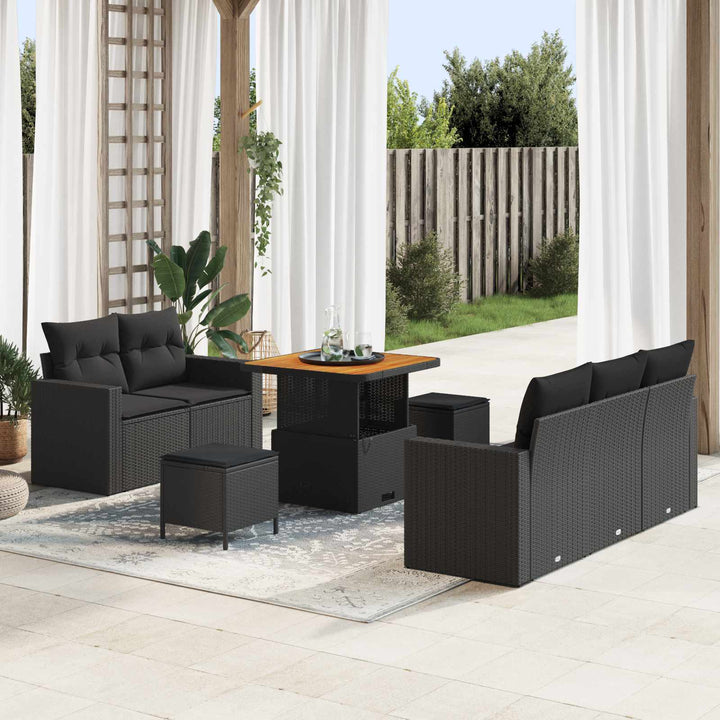Havesofa Sæt med pude 8 pcs Sort polyrattan