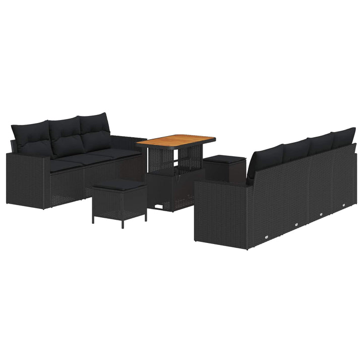 Havesofa Sæt 10 pcs Sort Polyrattan og pulverlakeret stål