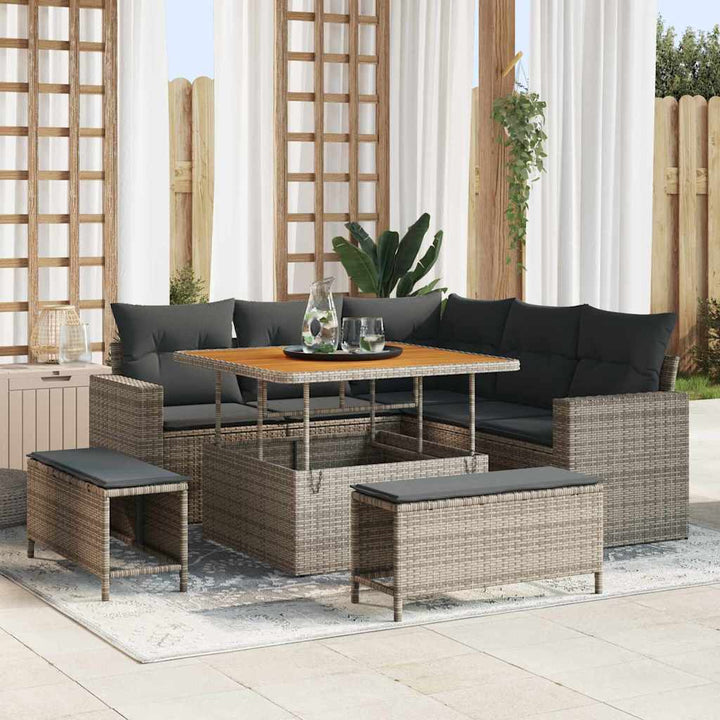 Havesofa Sæt med pude 9 pcs Grå polyrattan