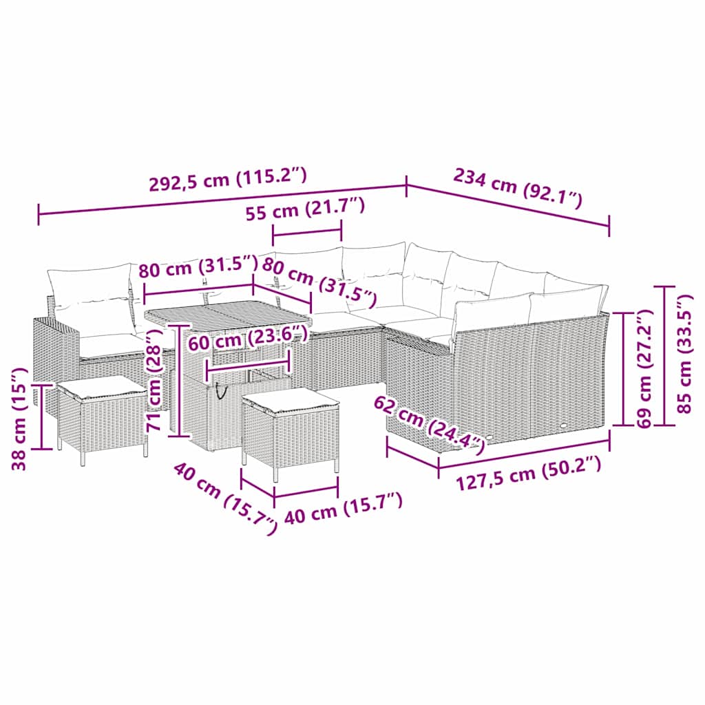 Havesofa Sæt med pude 13 pcs Sort polyrattan