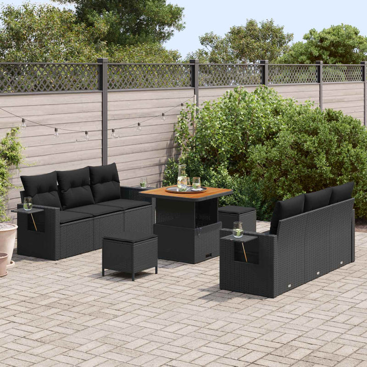 Havesofa Sæt 9 pcs Sort Polyrattan og pulverlakeret stål