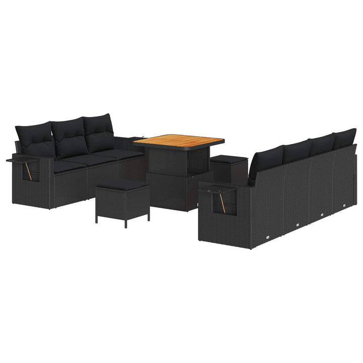 Havesofa Sæt 10 pcs Sort Polyrattan og pulverlakeret stål