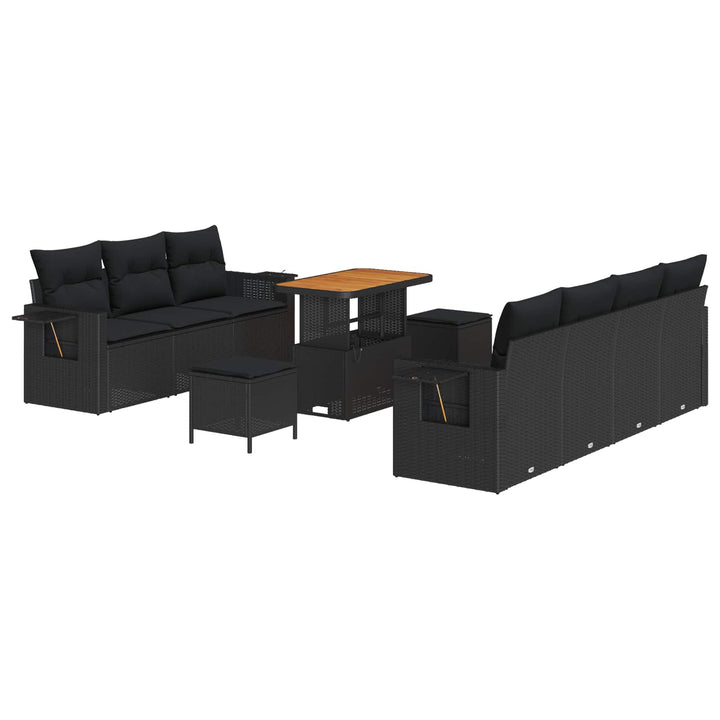 Havesofa Sæt 10 pcs Sort Polyrattan og pulverlakeret stål