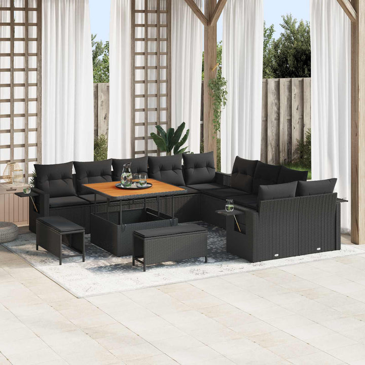 Havesofa Sæt med pude med opbevaring 13 pcs Sort polyrattan