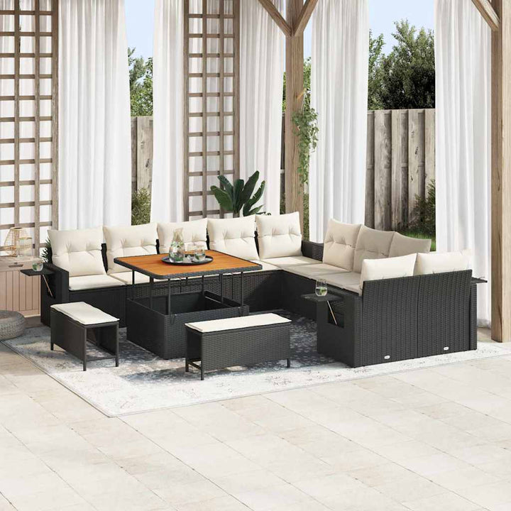 Havesofa Sæt med pude med opbevaring 13 pcs Sort polyrattan