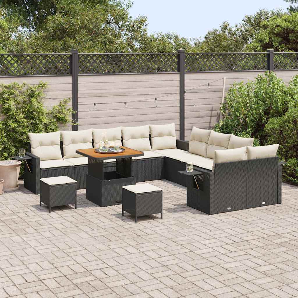 Havesofa Sæt med pude med opbevaring 13 pcs Sort polyrattan