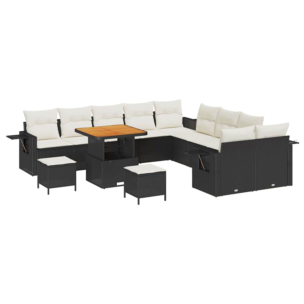 Havesofa Sæt med pude med opbevaring 13 pcs Sort polyrattan