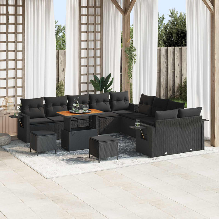 Havesofa Sæt med pude med opbevaring 13 pcs Sort polyrattan