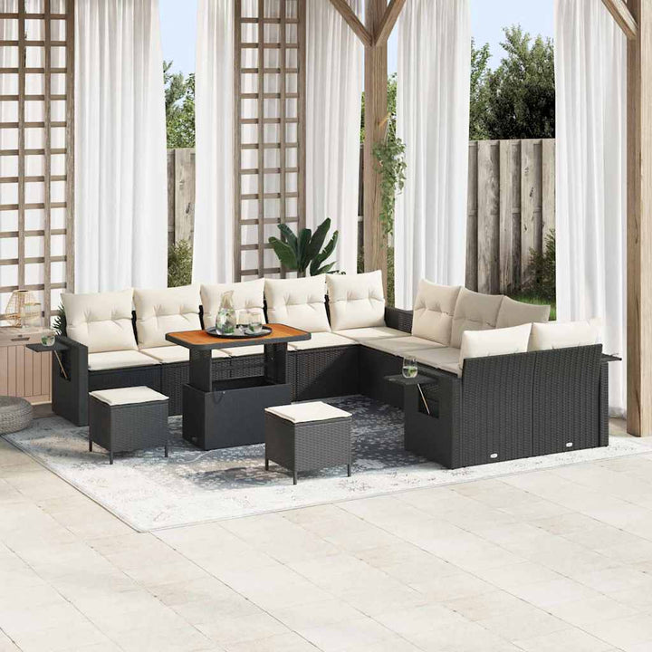 Havesofa Sæt med pude med opbevaring 13 pcs Sort polyrattan