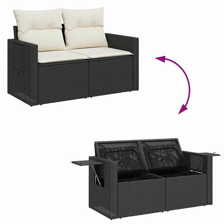 Havesofa Sæt med pude med opbevaring 13 pcs Sort polyrattan
