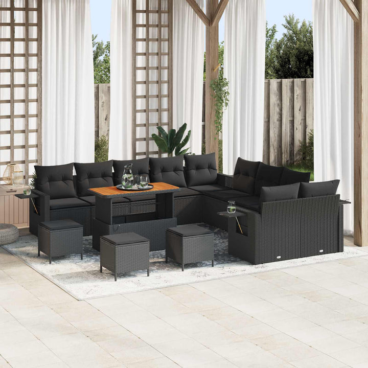 Havesofa Sæt med pude med opbevaring 14 pcs Sort polyrattan