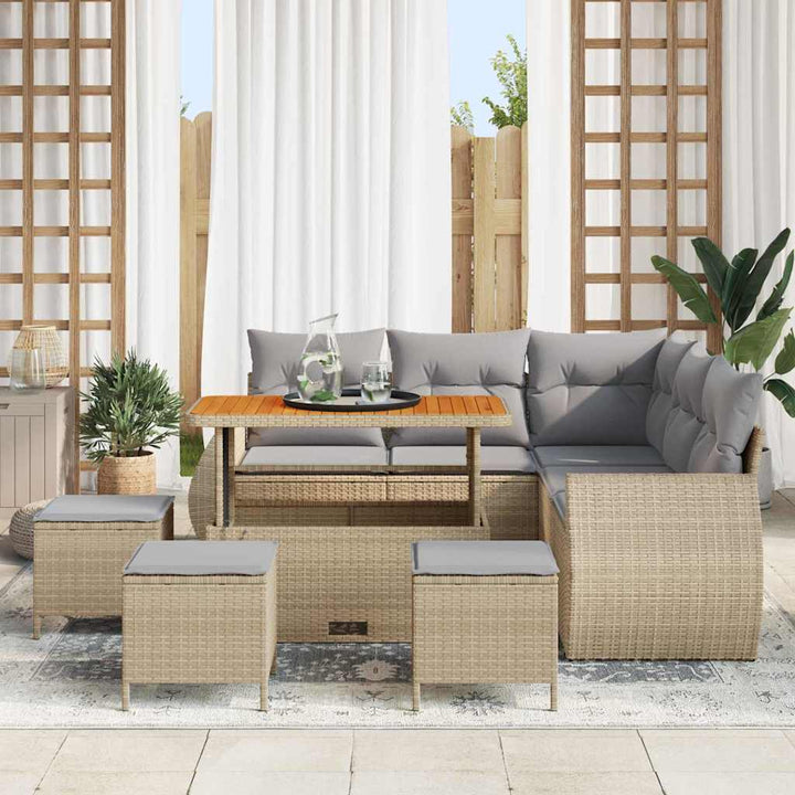 Havesofa Sæt med pude 9 pcs Beige og lys grå polyrattan