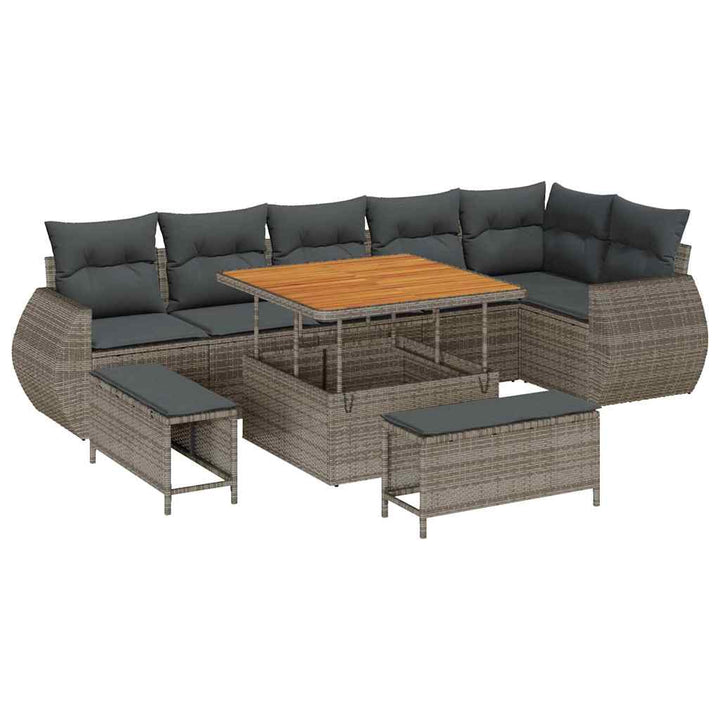 Havesofa Sæt med pude med opbevaring 9 pcs Grå Poly Rattan
