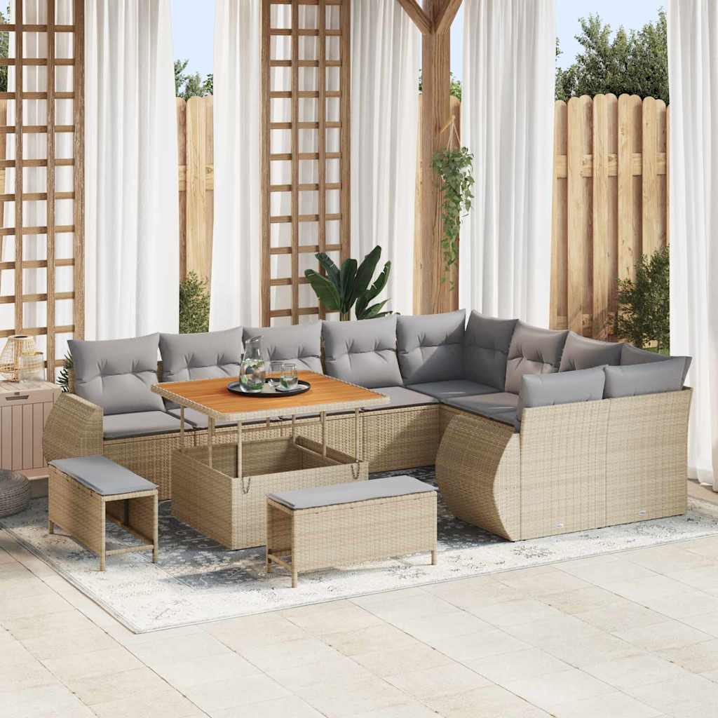 Havesofa Sæt med pude 12 pcs Beige og lys grå Poly Rattan