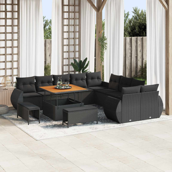 Havesofa Sæt 13 pcs Sort Polyrattan og pulverlakeret stål