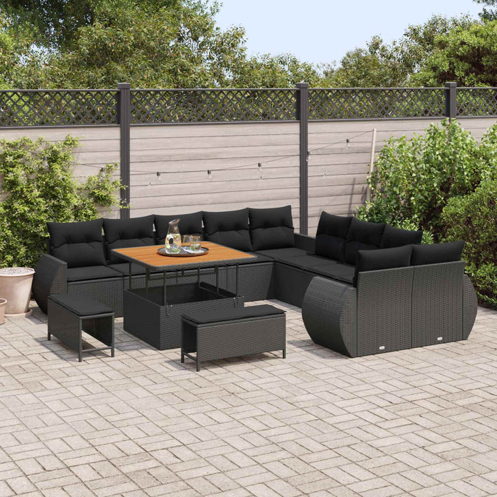 Havesofa Sæt 13 pcs Sort Polyrattan og pulverlakeret stål